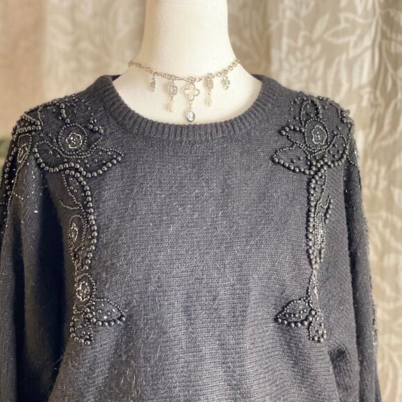 Vintage 80s Western Connection Black Beaded Sweater Dark Academia Art Deco Sz M - Picture 2 of 8
